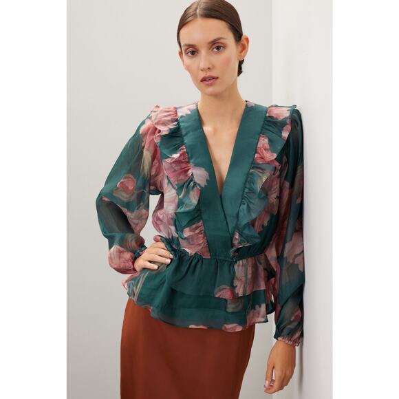 HUTCH Green Floral Chiffon Long Sleeves V-Neck Ruffle Trimmed Sema Top Size S